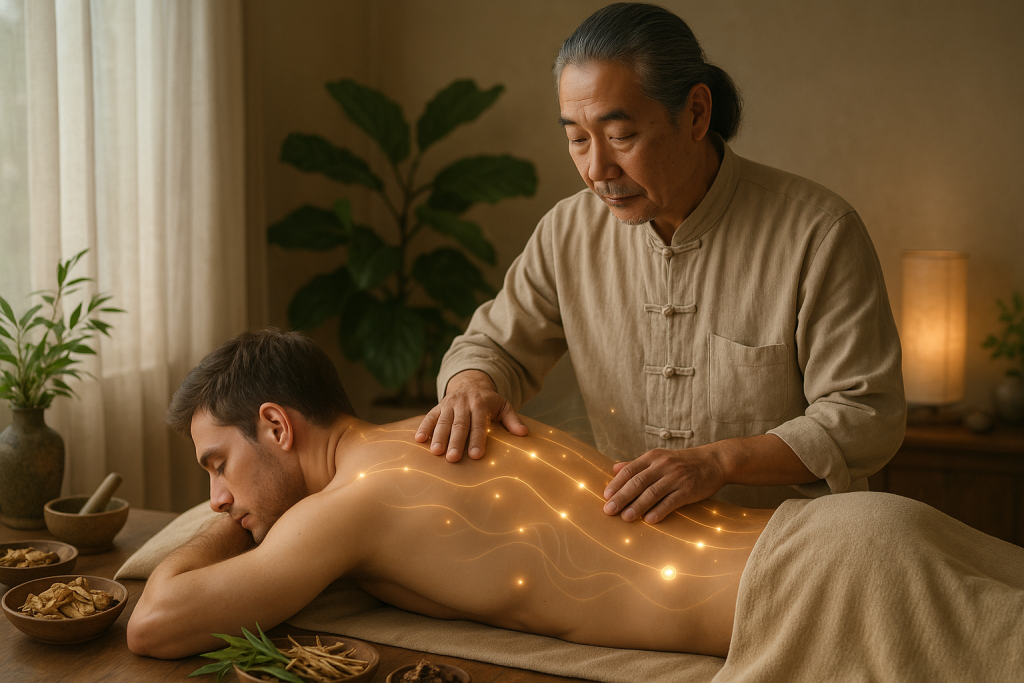 Thérapeute réalisant un massage énergétique du dos pour soulager les douleurs dorsales en médecine chinoise