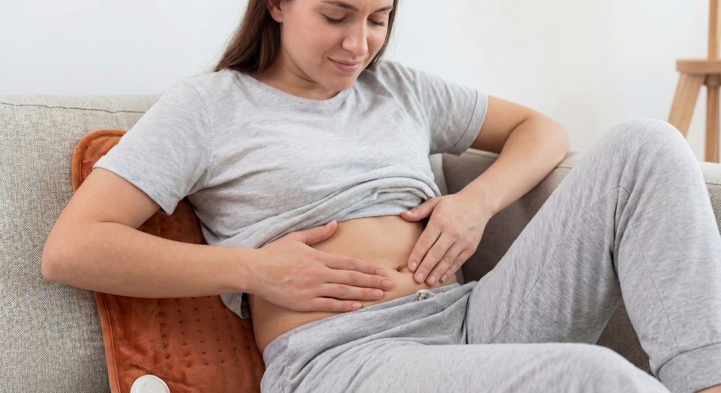 Femme pratiquant l'auto-massage abdominal en mouvements circulaires pour harmoniser le Qi et traiter les ménorragies  