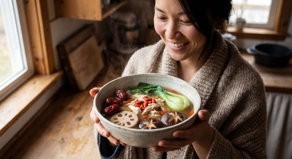 Femme tenant un bol de soupe chinoise avec dattes rouges, légumes verts et champignons pour nourrir le Sang et traiter les règles abondantes 