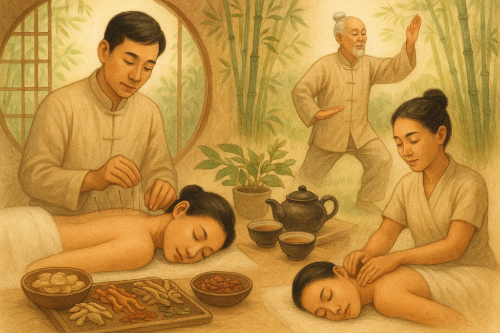 illustration des différentes pratiques de la médecine traditionnelle chinoise : acupuncture, massage, plantes médicinales avec infusions et Qi Gong thérapeutique
