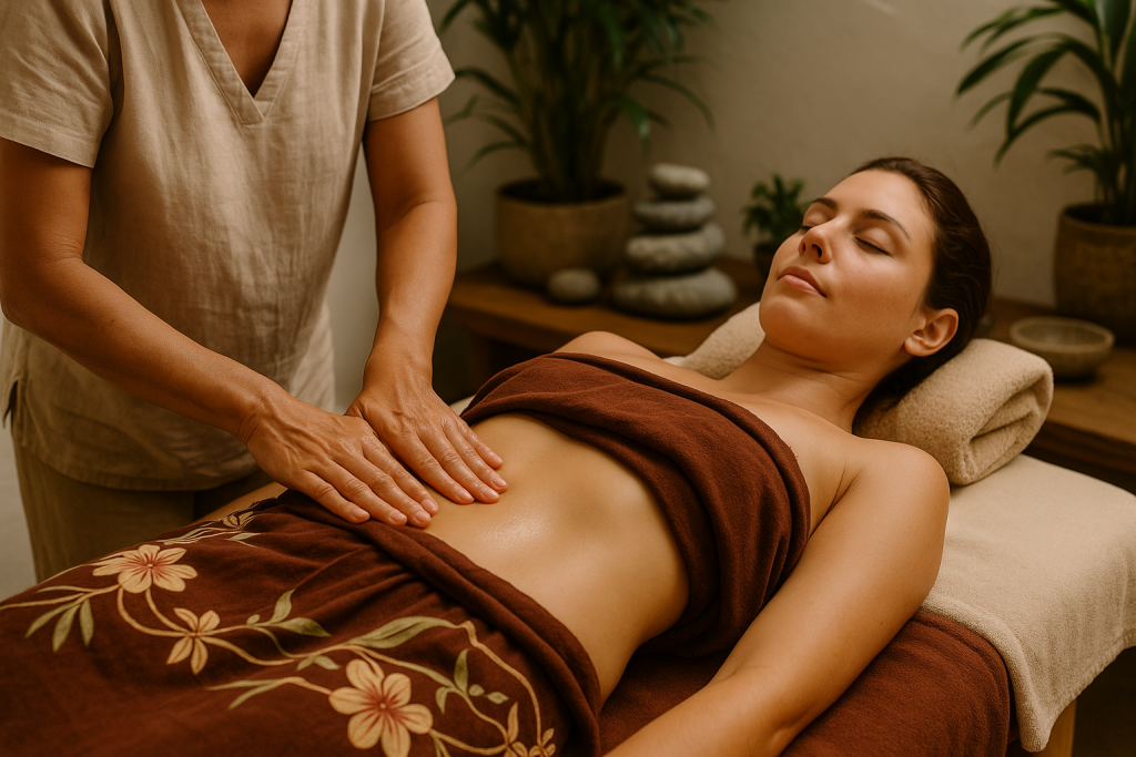 Praticienne effectuant un massage abdominal Chi Nei Tsang en médecine traditionnelle chinoise pour libérer les tensions et soulager les douleurs menstruelles et la dysménorrhée  