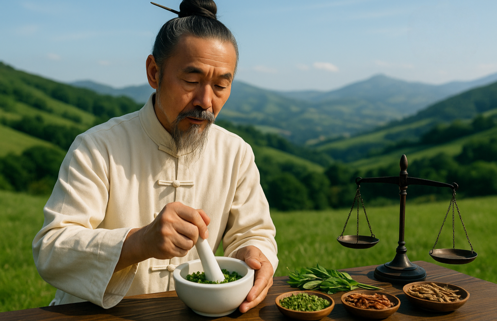 Médecin chinois préparent des plantes médicinales dans un mortier pour créer des remèdes en médecine traditionnelle chinoise