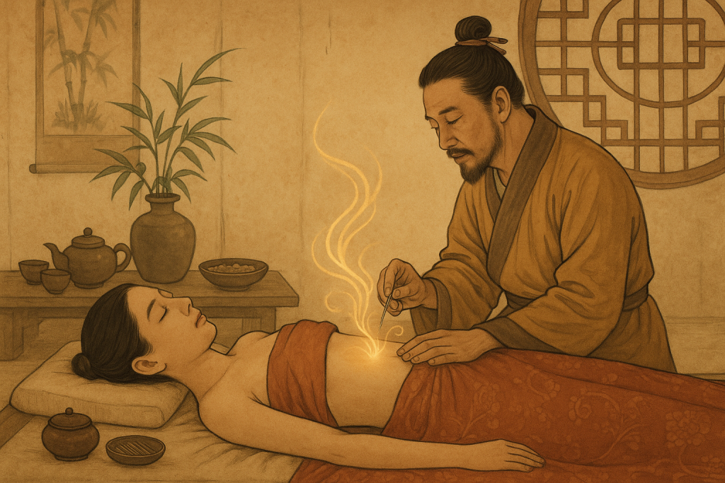 Illustration traditionnelle d'une séance d'acupuncture en médecine chinoise ancestrale pour traiter la dysménorrhée et les douleurs menstruelles avec stimulation des points énergétiques abdominaux.