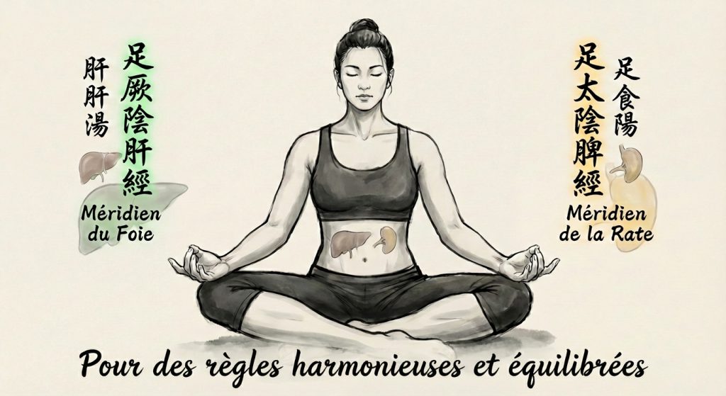 Schéma des méridiens du Foie et de la Rate en médecine traditionnelle chinoise pour traiter les ménorragies  