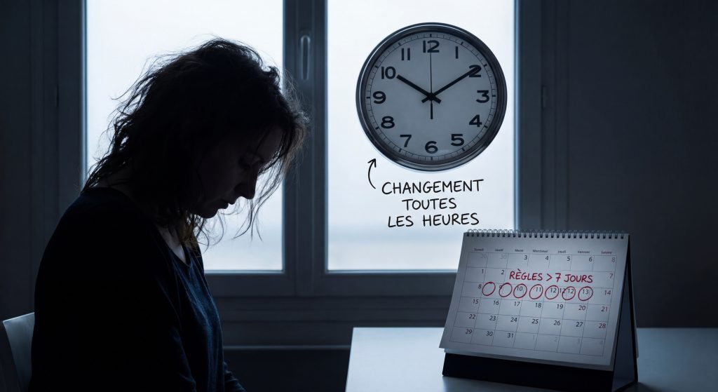 Femme fatiguée face à un calendrier montrant des règles abondantes de plus de 7 jours et changement de protection toutes les heures