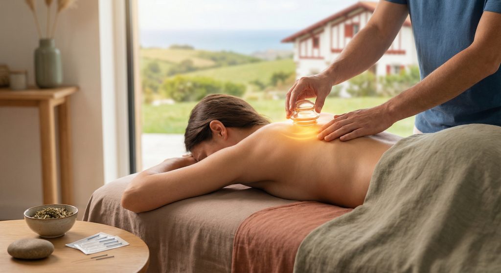 Praticien appliquant une ventouse thérapeutique lumineuse sur le dos d'une patiente au Pays Basque pour libérer les tensions et améliorer la circulation sanguine afin de soulager les règles douloureuses 