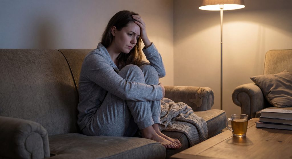 Femme anxieuse en rumination mentale assise sur canapé pendant les règles - faiblesse de la Rate selon médecine traditionnelle chinoise  