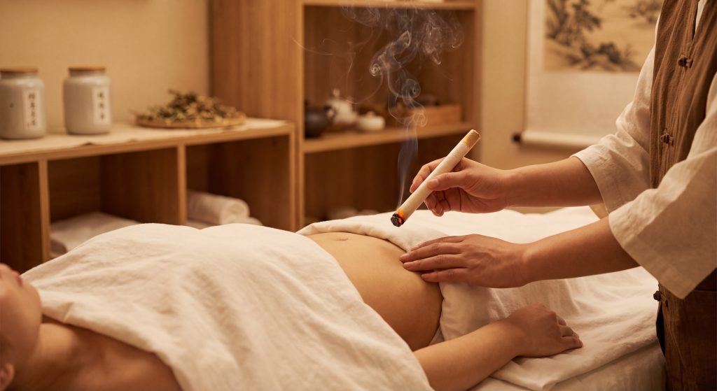 Séance de moxibustion avec bâton de moxa sur le bas-ventre pour traiter les troubles menstruels - médecine traditionnelle chinoise Bayonne  