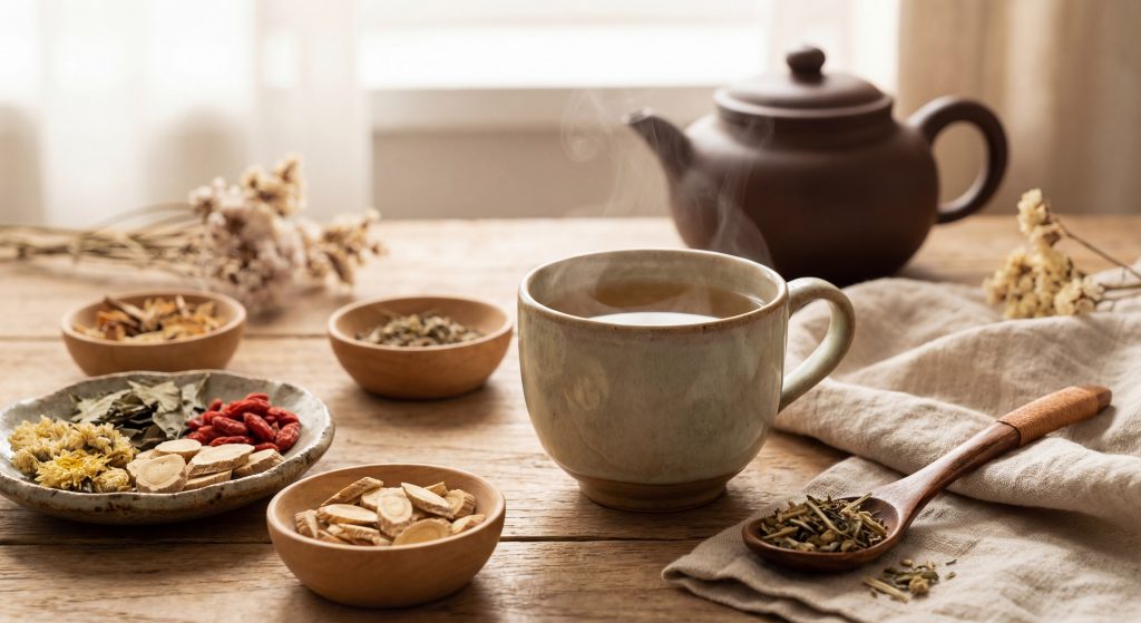 Composition de plantes médicinales chinoises et tasse de tisane pour traiter les troubles menstruels - pharmacopée traditionnelle chinoise infusions  
