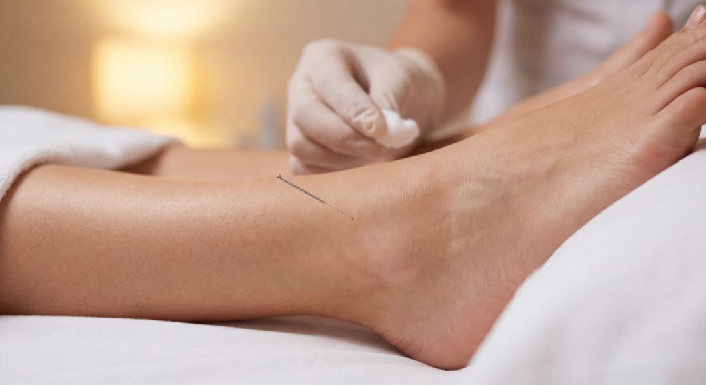 Séance d'acupuncture sur la jambe avec aiguille insérée pour traiter les règles douloureuses - praticien MTC Bayonne  