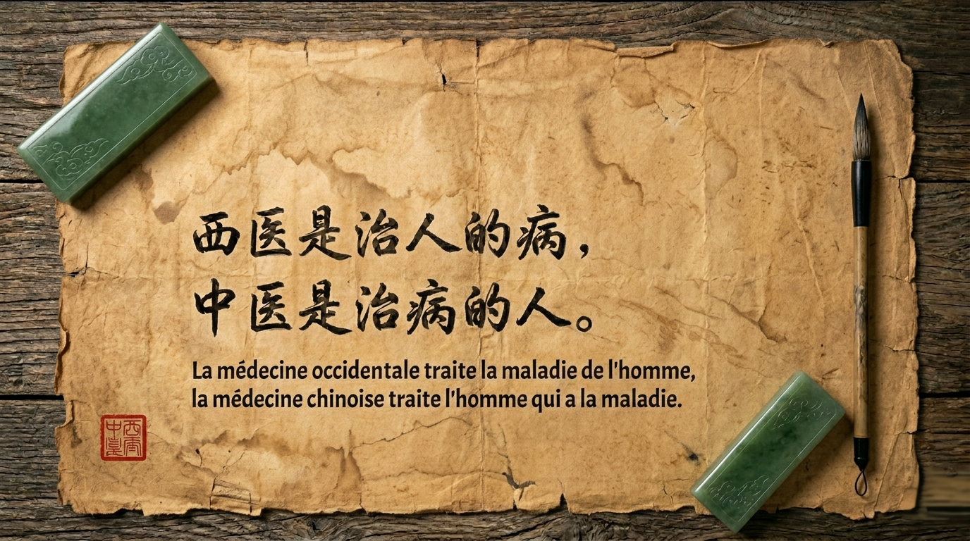 citation medecine chinoise pays basque sur parchemin avec pinceau